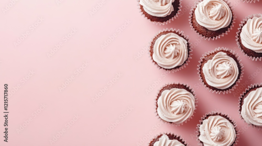 Poster chocolate cupcakes with pink frosting on a light pink background with copy space for text placement.