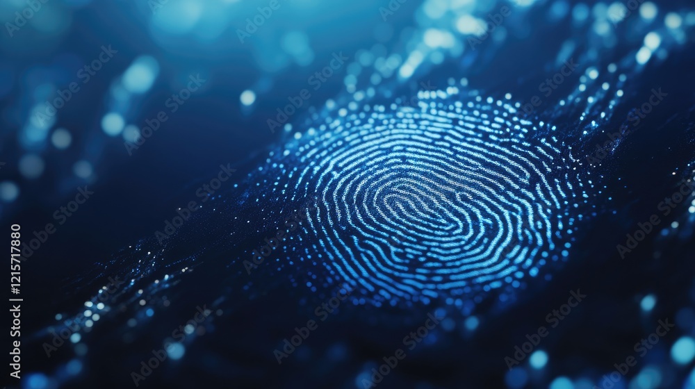 Poster digital fingerprint abstract with blue glowing lines on dark background copy space