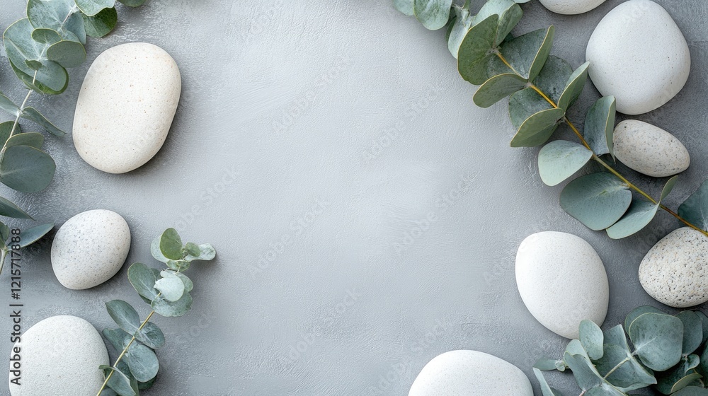 Aufkleber serene composition of white stones and eucalyptus leaves arranged on a soft gray background creating