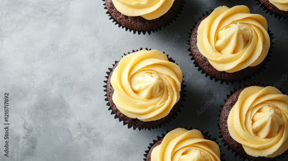Poster chocolate cupcakes with yellow buttercream frosting arranged on a gray surface with copy space for t
