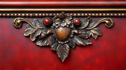 Ornate bronze leaf and acorn design on red furniture