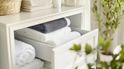 White storage drawer cabinet neatly organizing towels and toiletries indoors for a tidy and calming home atmosphere