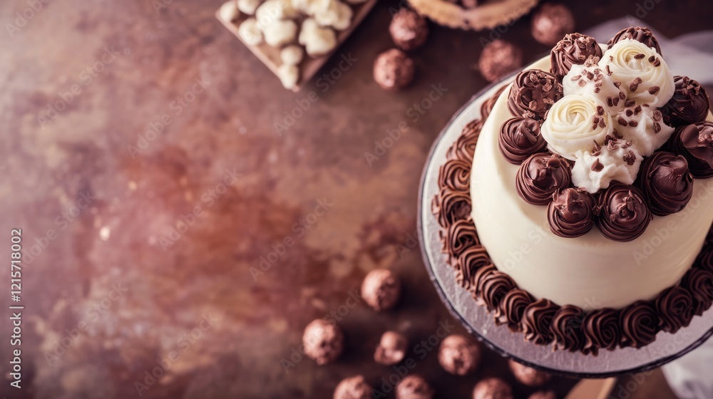 Aufkleber chocolate decorated cake with cream rosettes on top and chocolate truffles scattered on rustic table