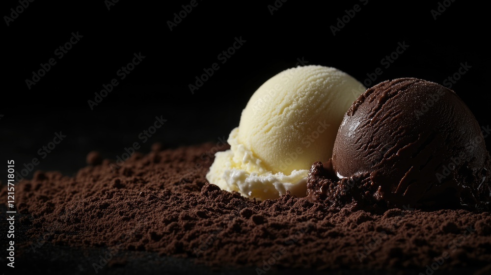 Poster chocolate and vanilla ice cream scoops on a bed of cocoa powder with dark background and copy space 