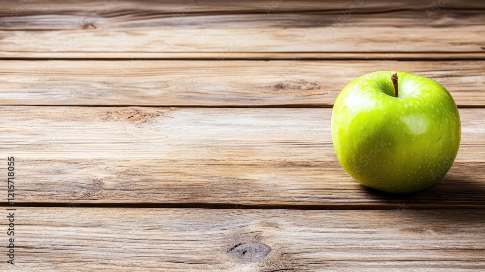 Poster green apple on rustic wooden table with ample copy space for text placement. natural light highlight