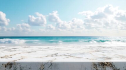 White marble countertop with blurred beach and summer sky background ideal for product display and advertising purposes
