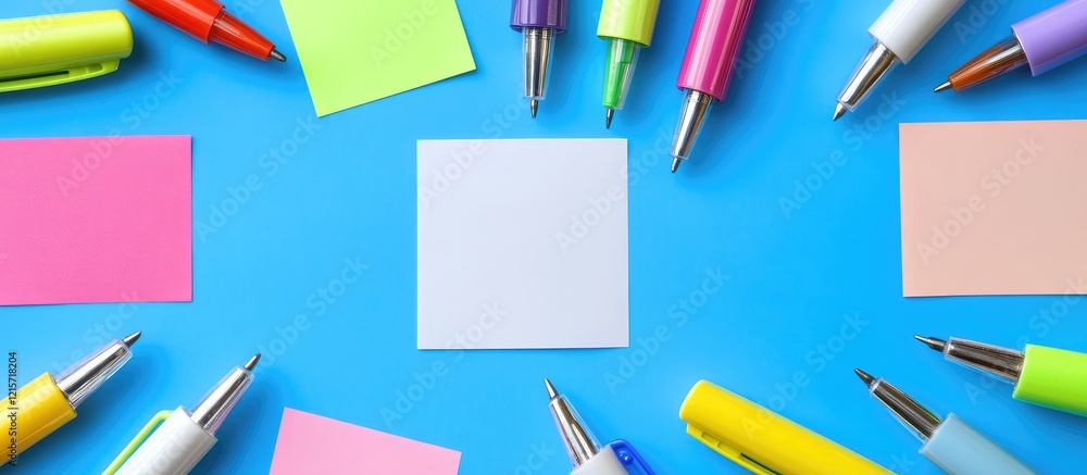 Poster colorful sticky notes and assorted pens arranged on a vibrant blue background with a central white n