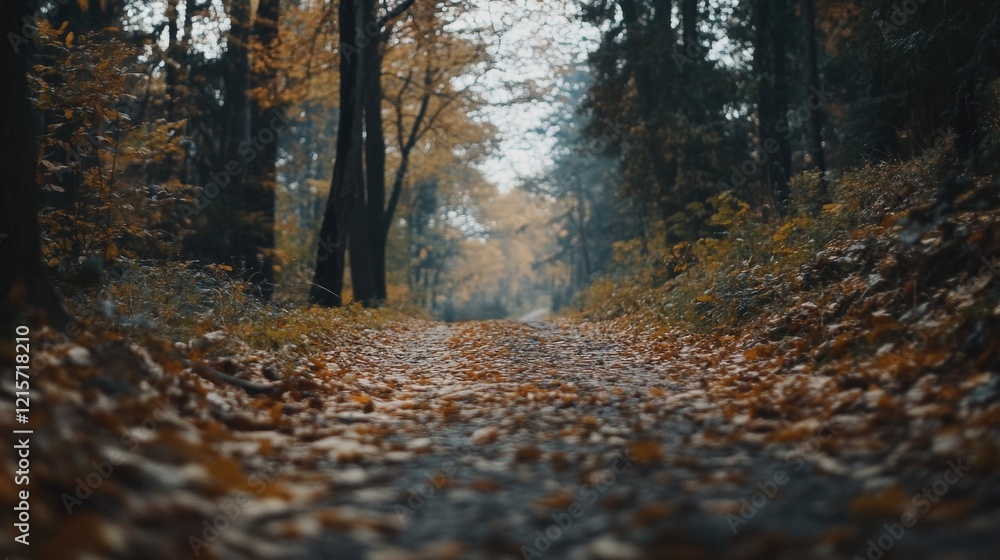 Poster autumn forest path covered with fallen leaves leading into the distance with trees on both sides cop