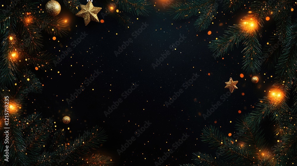 Poster christmas and new year background with golden ornaments and pine branches on dark backdrop featuring