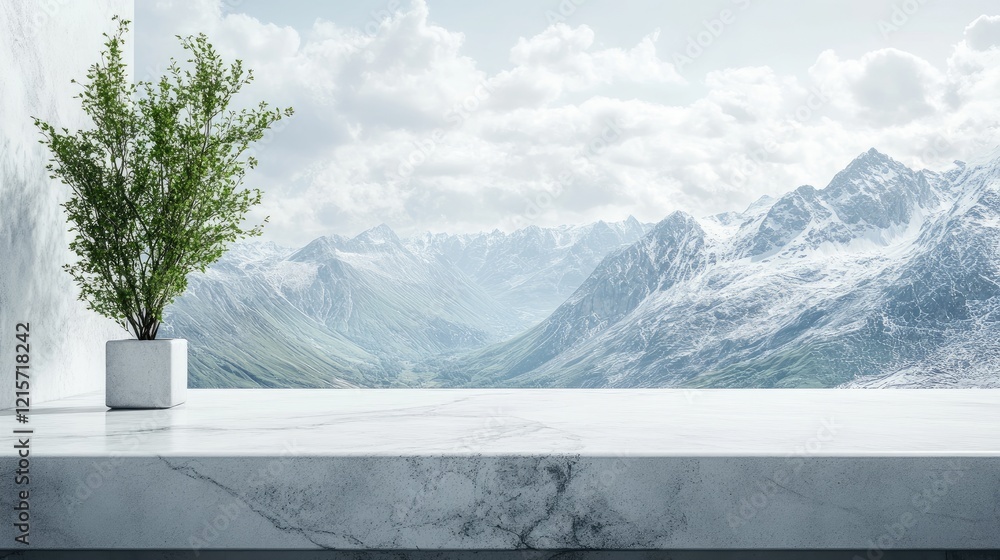 Poster elegant white stone countertop with serene mountain view and greenery in contemporary design setting