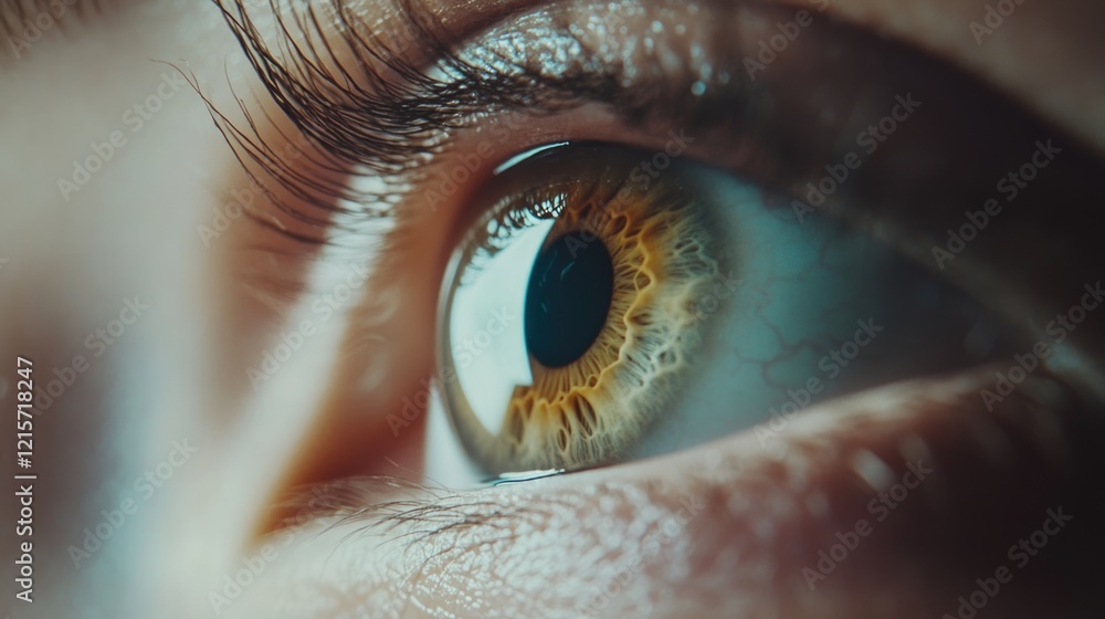 Poster close-up of human eye with intricate details showcasing hazel iris and reflection, macro photography