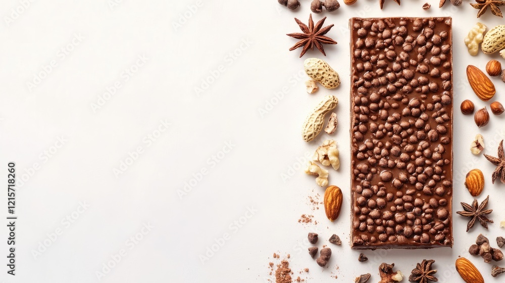 Poster chocolate bar surrounded by assorted nuts and spices on a light background with copy space for text 