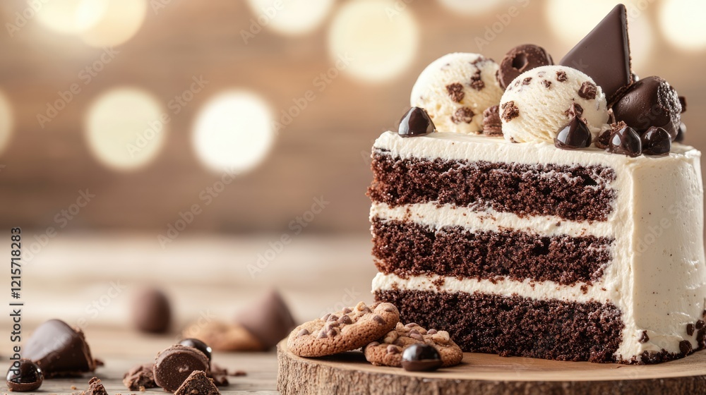 Poster chocolate layered cake with cream frosting and assorted chocolate toppings on a wooden surface with 