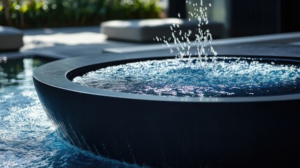 Modern water feature with circular bowl and cascading water, surrounded by lush greenery and soft seating, with Copy Space for text.
