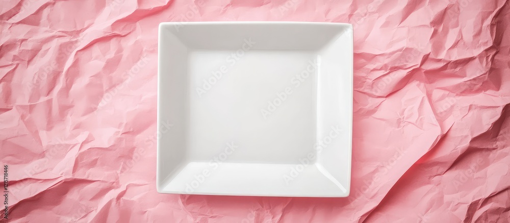 Poster crisp white square plate positioned centrally on textured crumpled pastel pink paper background crea