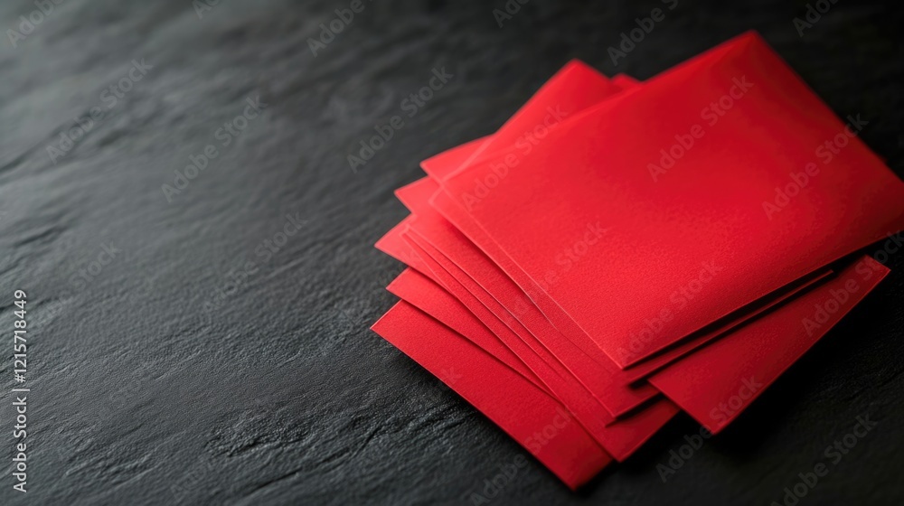 Poster stack of red envelopes on dark slate surface with copy space for text or designs