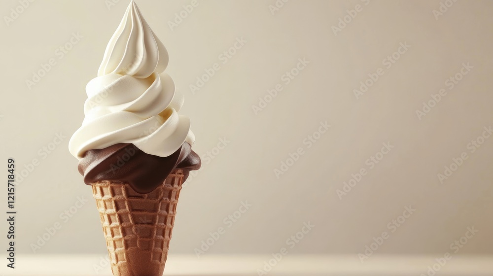 Poster soft serve ice cream cone with chocolate and vanilla swirls on neutral background with copy space