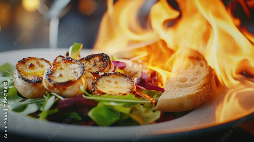 Poster grilled scallops on a fresh salad with burning flames in the background and toasted bread on the sid
