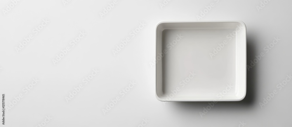 Poster minimalistic white square serving pan on pristine white background with ample negative space for tex