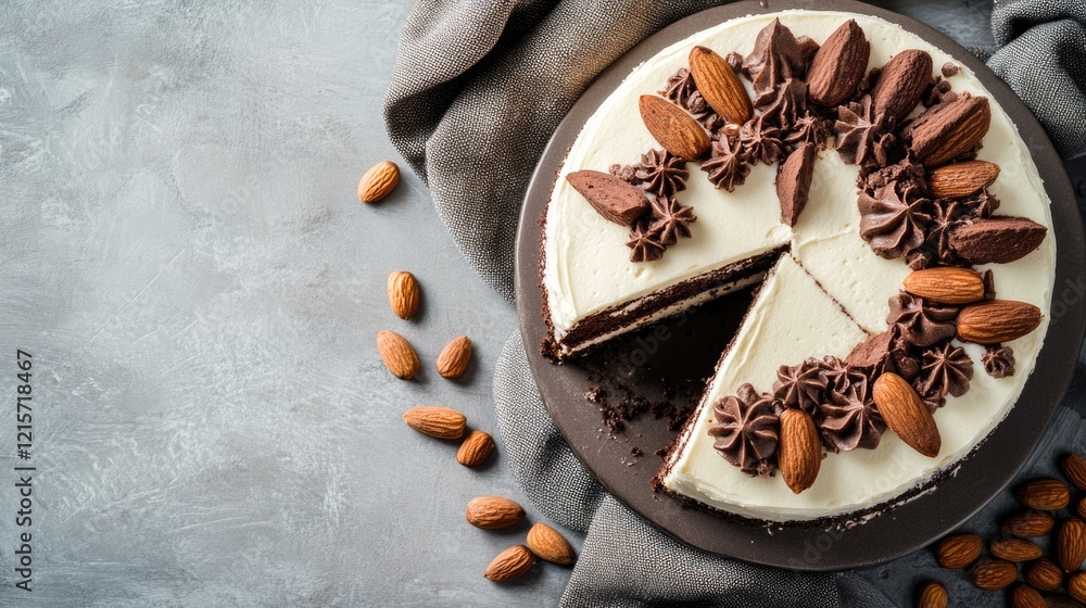 Aufkleber chocolate and vanilla layered cake with almond toppings on a gray background with copy space for tex