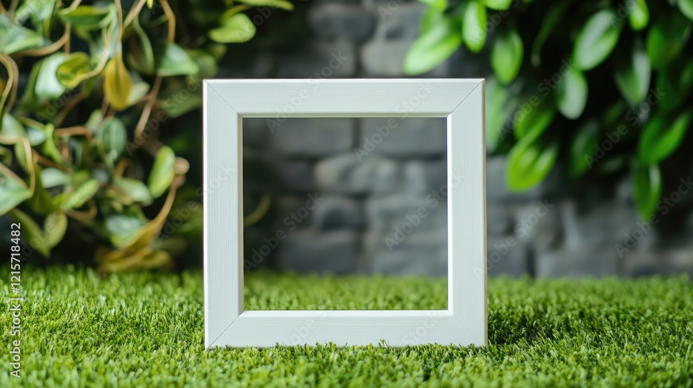 Poster white square frame mockup on artificial grass with lush greenery and stone wall background for creat