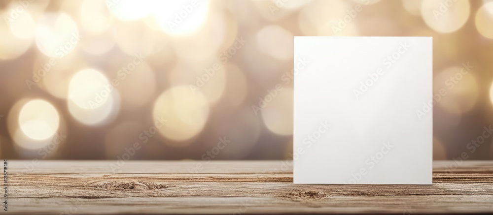 Poster blank white brochure displayed on rustic wooden table with golden bokeh background creating an elega