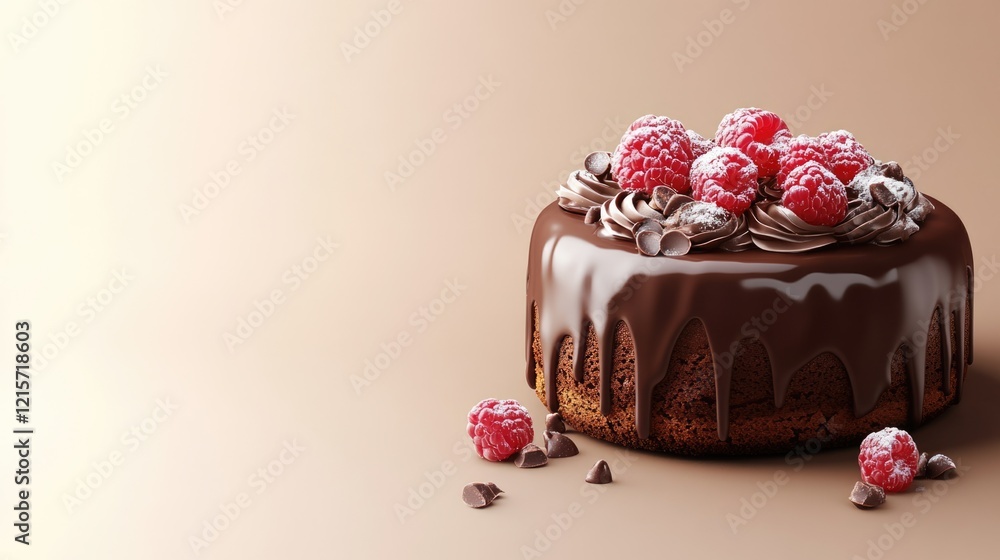 Poster chocolate raspberry cake with whipped cream frosting and chocolate chips on a neutral background wit