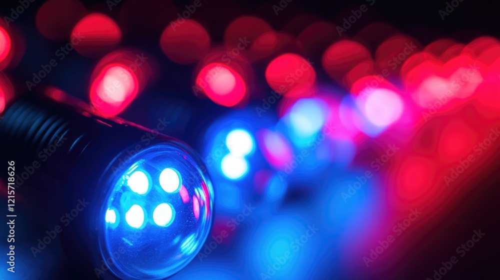 Poster led flashlights with red and blue lights creating a bokeh effect on a dark background with copy spac