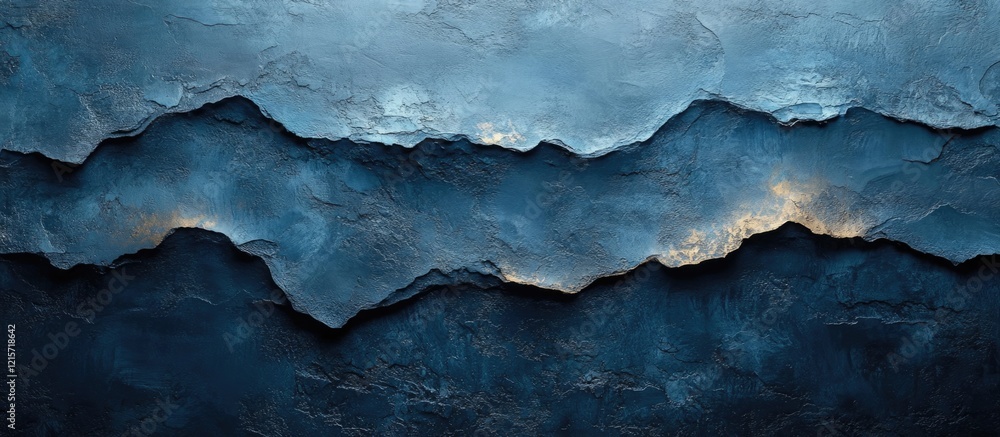 Poster abstract mountain landscape in shades of blue with textured layers and soft illumination, featuring 