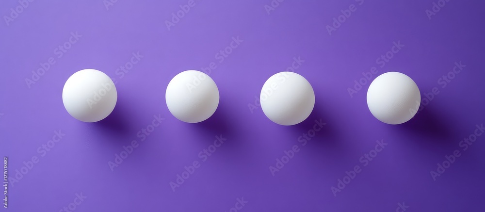 Poster minimalistic arrangement of four white spherical objects on rich purple background with clear space 