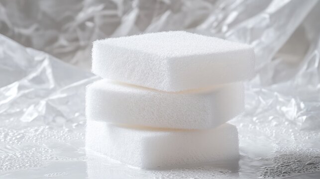 Clean White Sponges Stacked on a Plastic Surface with Foam Bubbles for Effective Household Cleaning and Maintenance Concepts