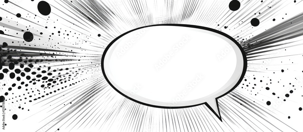 Poster white speech bubble with black halftone dots and radiating lines in a comic style background for tex
