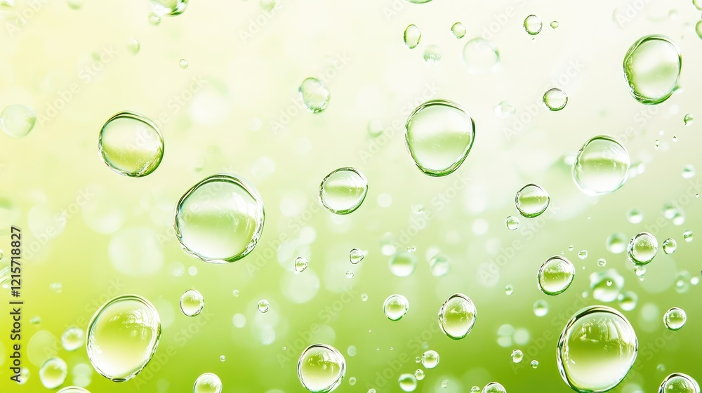 Poster sparkling water droplets and soap bubbles on a transparent background with a light green gradient cr