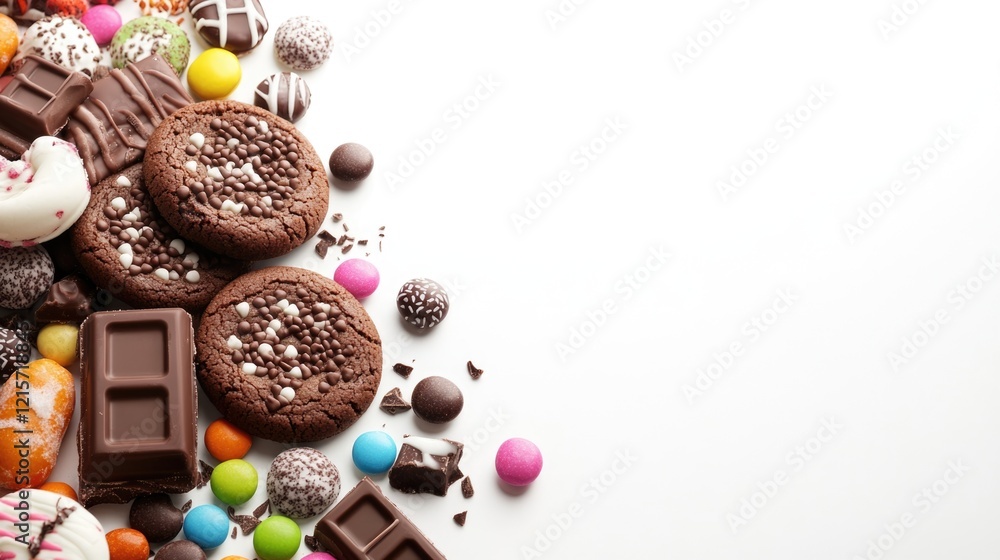 Aufkleber assorted chocolates and cookies on white background with copy space for text