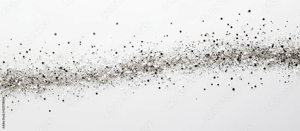 Poster glittering silver confetti scattered across a pristine white background with ample space for text or