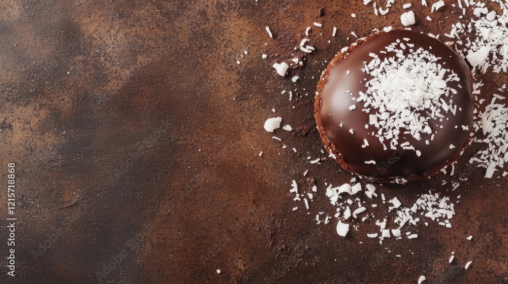 Poster chocolate dessert with coconut flakes on a rustic brown background with copy space for text.