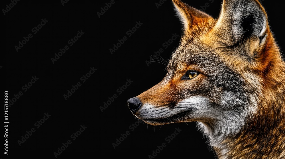 Poster close-up side profile of a coyote with detailed fur textures on a black background with copy space f