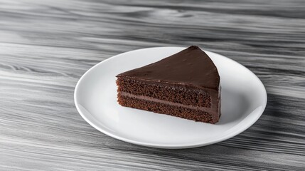 Chocolate cake slice on a white plate set against a textured wooden background with copy space for text.