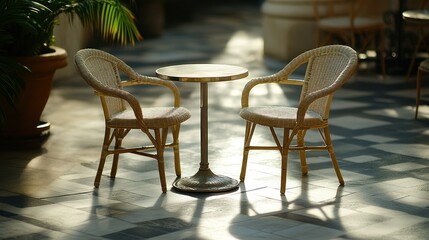 Sunlit patio cafe table, wicker chairs, morning