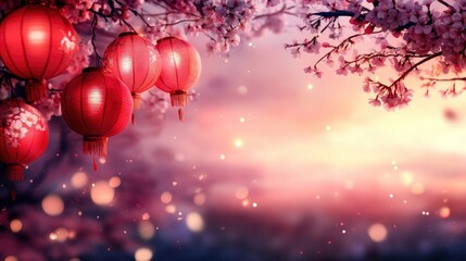Red Lanterns Hanging From Cherry Blossom Tree at Sunset