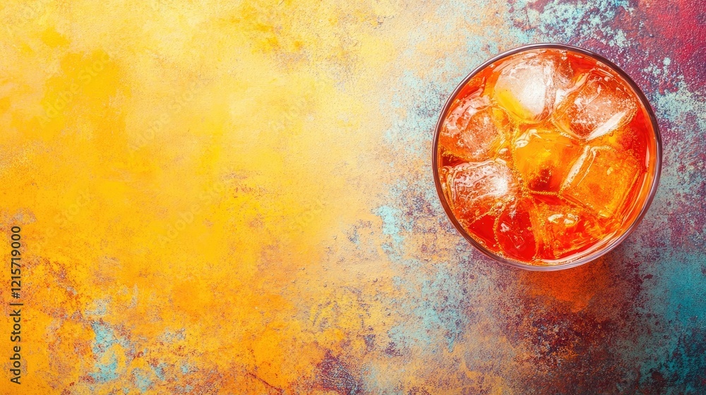Poster glass of cocktail with ice cubes on colorful textured background with copy space for text.