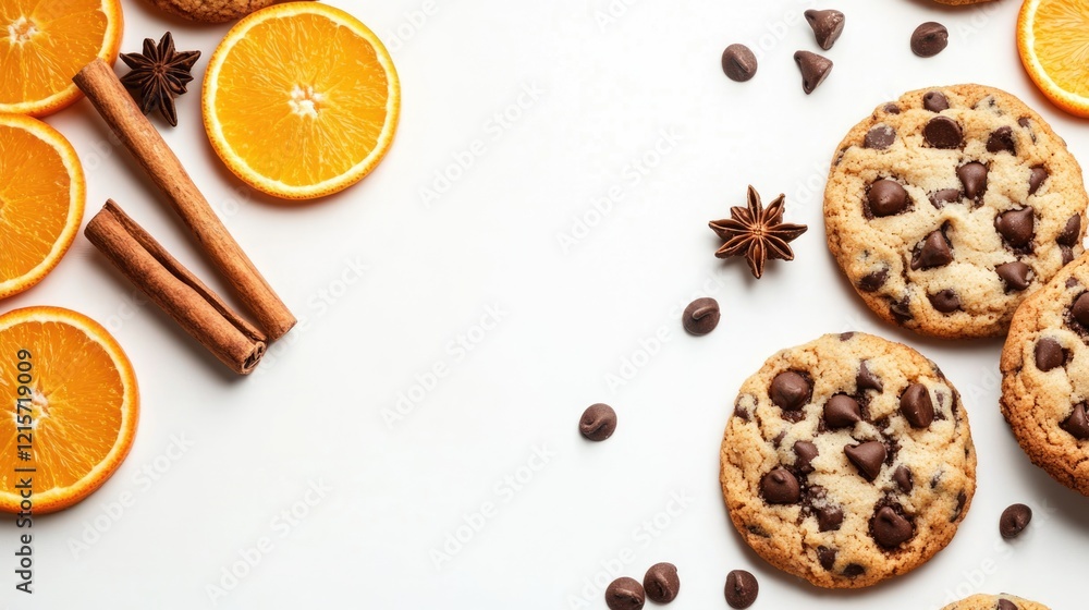 Poster chocolate chip cookies with orange slices and spices on a white background with copy space for text 