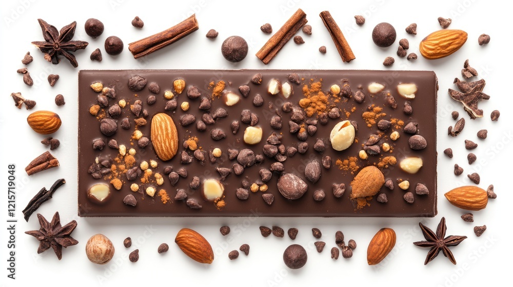 Poster chocolate bar topped with assorted nuts and spices arranged on a white surface with copy space.