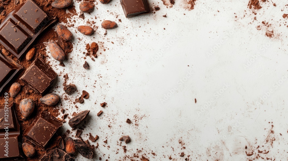 Poster chocolate pieces and cocoa beans scattered on a textured white background with copy space for text p