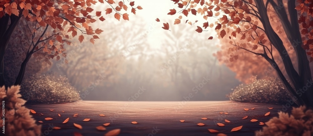 Poster autumn landscape with fallen leaves and trees in warm colors featuring foggy background and ample co
