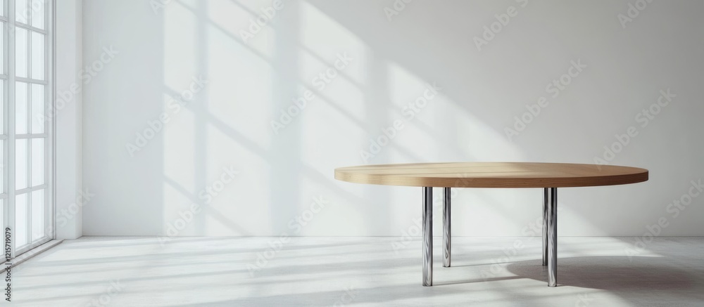 Poster modern minimalist wooden table in a bright room with large windows casting shadows on the floor and 