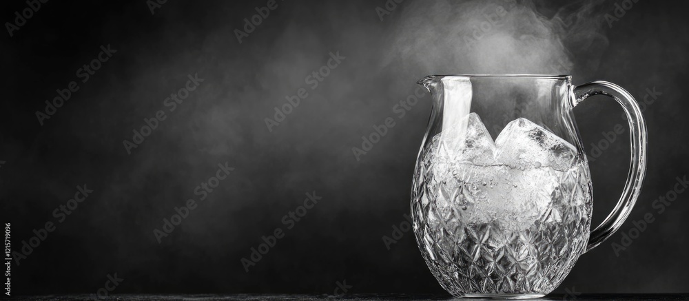 Poster crystal pitcher with ice cubes and condensation on a dark background with steam and copy space avail