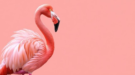 Naklejka premium Pink flamingo on a solid pink background with ample copy space for text. Elegant bird profile showcasing bright feathers in soft lighting.