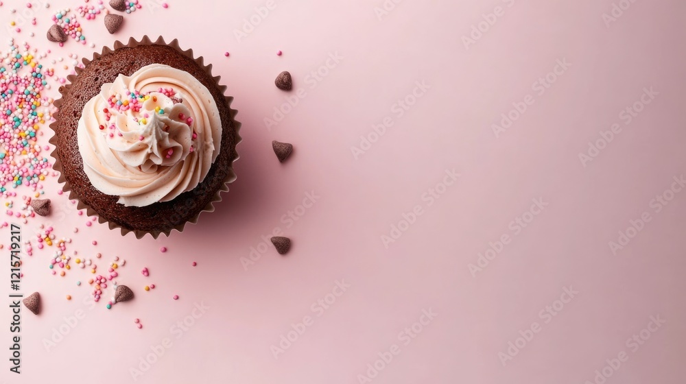 Poster chocolate cupcake with frosting and colorful sprinkles on pink background with copy space for text