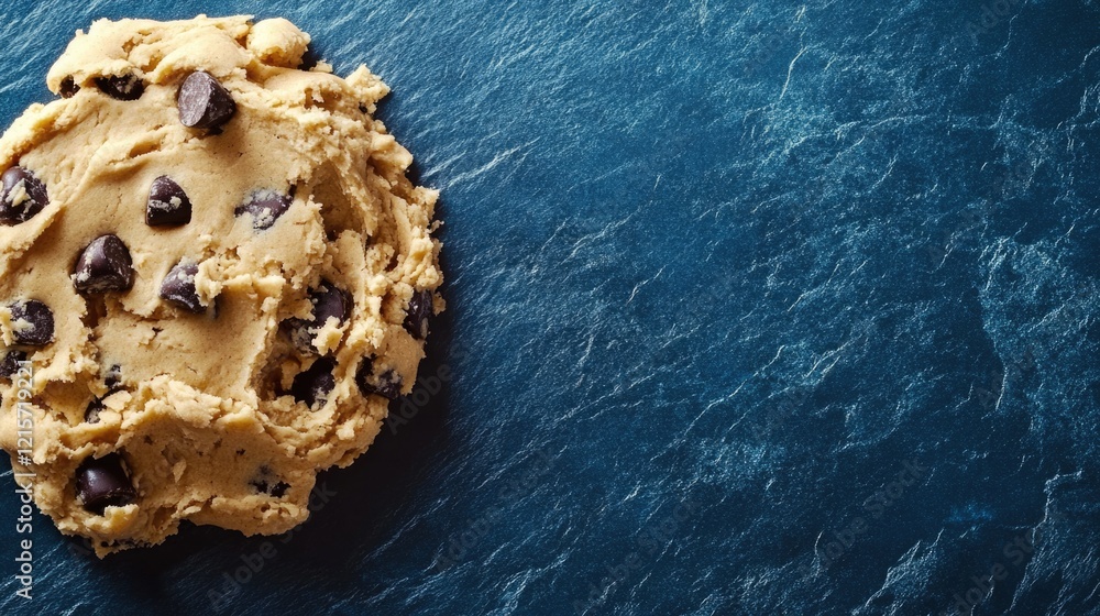 Poster chocolate chip cookie dough on a dark textured background with copy space for text placement